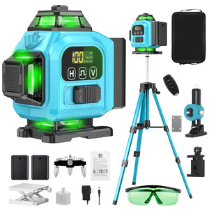 Nivel Láser Autonivelante con 1m Trípode 16 Líneas 360° Lcd, 16 líneas 4D Nivelador Láser con Base de Elevación, Control Remoto, Caja de Herramientas