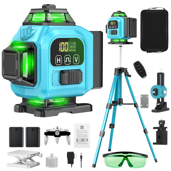 Nivel Láser Autonivelante con 1m Trípode 16 Líneas 360° Lcd, 16 líneas 4D Nivelador Láser con Base de Elevación, Control Remoto, Caja de Herramientas