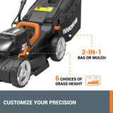 Cortadora de césped inalámbrica Worx de 40 V y 14" para jardines pequeños. Cortadora de césped a batería 2 en 1 silenciosa. Cortadora de césped compacta y ligera con ajuste de altura de 6 posiciones. WG779. Incluye 2 baterías y cargador.