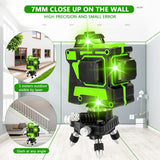 Nivel Láser Autonivelante Verde, 3D 12 Líneas, Nivelador Láser, Nivel láser de líneas cruzada 3x360, 360°Horizontales y 360°Verticales, con Soporte de Pared, 2 Baterías