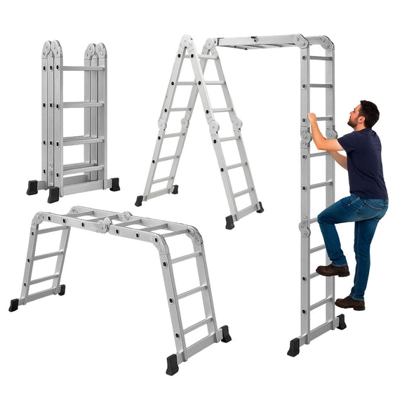 ▶ Escalera 3.3 Metros, Escalera Multiposiciones, Escalera Plegable, Escalera de Aluminio, 12 Peldaños, Capacidad de Soporte 150 Kg, Uso Interior y Exterior, Antideslizante, Escaleras