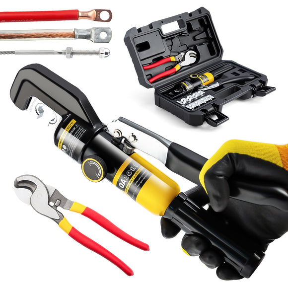 ▶ Herramienta de prensado hidráulico y cortador de cables, crimpadora hidráulica de lengüetas de cable 8 toneladas de EE. UU. 12 AWG a 00 (2/0) kit de herramientas de cable de terminal eléctrico