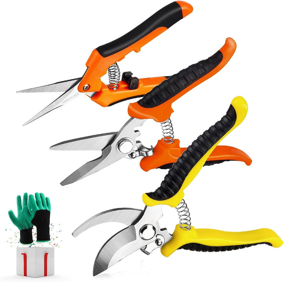 Tijeras de Jardinería para Podar Profesionales de Acero Inoxidable, Podadoras de mano con Guantes de Jardinería