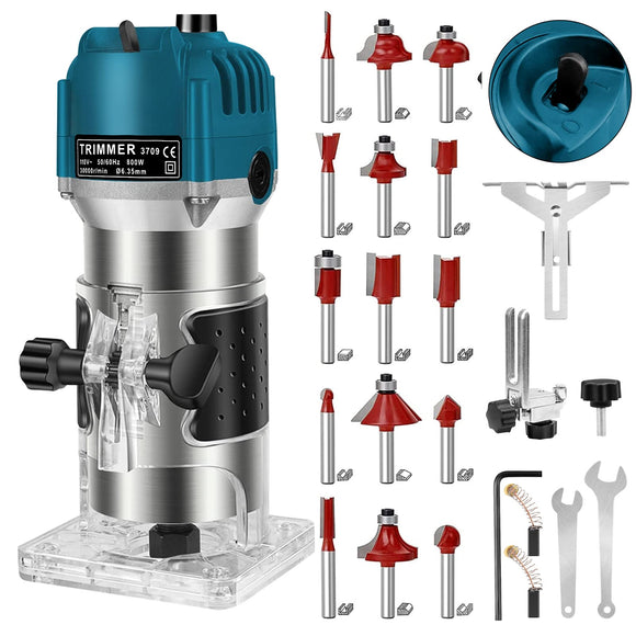 Routers de velocidad variable Madera, Herramienta de Enrutador de Recortador de Madera 800W de Velocidad 30.000 RPM, Madera Compacto Recortadora de Manos Eléctrica con 15 Brocas de 6,35 mm, Para Ranura, de Corte, Grabado