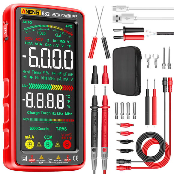 Medidor de multímetro LCD TRMS de rango automático de 6000 conteos voltímetro inteligente recargable mide corriente CA/CC, NCV, voltaje, Ohm, amperio, resistencia, diodos, Countinuity, capacitancia, temperatura