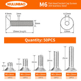 ▶ Tornillos de cabeza plana M6 x 8 mm, 12 mm, 16 mm, 20 mm, 25 mm, tornillos avellanados, acero inoxidable 304, métrico totalmente roscado, accionamiento de enchufe Allen, acabado brillante, kit surtido 50 piezas