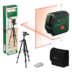 Bosch Universal Level 2 - Láser de líneas cruzadas con trípode (cruz láser con puntos de soldadura integrados para alineación precisa y fácil transferencia de referencias, en caja de cartón)
