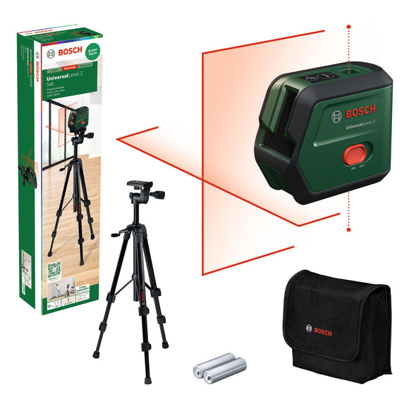 Bosch Universal Level 2 - Láser de líneas cruzadas con trípode (cruz láser con puntos de soldadura integrados para alineación precisa y fácil transferencia de referencias, en caja de cartón)
