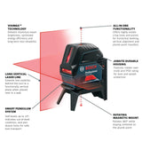 BOSCH GCL 2-160 Láser de línea cruzada autonivelante de 65 pies con puntos de plomera, incluye soporte giratorio magnético, clip de rejilla de techo, placa de lente láser, 3 baterías AA y estuche duro