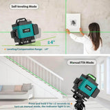 Nivel láser 4D de 16 líneas, nivel de luz verde infrarroja, nivel láser ultrafuerte horizontal y vertical autoplegable de 360 ° de línea verde