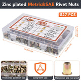 🔩 Kit de surtido de tuercas de remache métricas y SAE, M3-M12#6-32#8-32#10-24 1/4"-20 5/16"-18 3/8"-16 Rivnuts de acero al carbono Tuerca de inserción roscada de cabeza plana