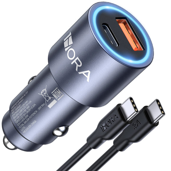 ▶ Cargador Auto Carga Rapida 38W, Cargador Carro Tipo C PD 20W y QC 3.0 18W con Cable USB C a USB C 3A Compatible con IP 14/13/12 Pro MAX XR Samsung Galaxy S23 S22 S21 Motorola Xiaomi