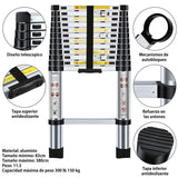 ▶ Escalera Telescópica Plegable 3.8 Metros Tijera Retráctil, Capacidad 150 kg, Escaleras Plegables de Aluminio, Escalera de Extensión Portátil, Antideslizante Multifuncional Portátil