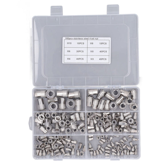 180 Uds. Kit de Tuercas de Remache M3 M4 M5 M6 M8 M10 304 Inserto de Tuerca de Remache Roscado de Acero Inoxidable Tuercas de Inserción de Cabeza Plana para Automóviles