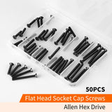 🔩 M4 x 20 mm, 25 mm, 30 mm, 35 mm, 40 mm, tornillos de cabeza plana avellanados, acero de aleación de grado 10.9, acabado de óxido negro, unidad hexagonal Allen, métrico totalmente roscado, kit surtido 50 unidades