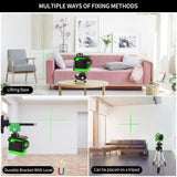 Nivel Láser Autonivelante Verde con Trípode 1.2m, 3D 12 Líneas, Nivelador Láser, Nivel láser de líneas cruzada 3x360, set con Soporte de Pared, 2 Baterías, Gafas para rayo verde