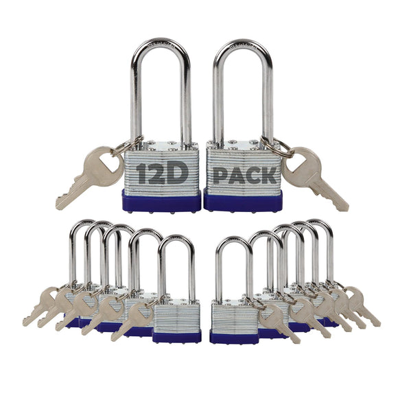 Juego de 12 candados laminados con llave diferente, grillete extra largo, cuerpo de bloqueo de acero resistente de 1-9/16 pulgadas, 40 mm, cada cerradura con 2 llaves grandes para armarios