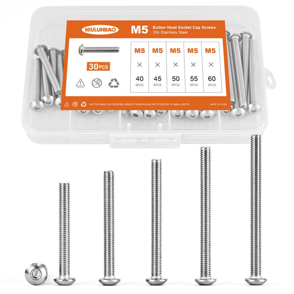 NIULUNBAO - Tornillos de cabeza de botón M5 x 40 mm, 45 mm, 50 mm, 55 mm, 60 mm, tornillos de acero inoxidable 304 métricos para máquina hexagonal, totalmente roscados, kit surtido de 30 unidades