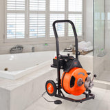 ▶ Máquina de limpieza de drenaje de 50 pies x 3/8 pulgadas, alimentación automática con 4 cortadores e interruptor de pie activado por aire para tubos de 2 a 4 pulgadas, naranja, negro