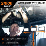 ▶ Luces de trabajo LED de 21000 lúmenes con soporte, luz de trabajo portátil de 3 cabezales, cable de 16 pies, IP66, impermeable, luces de trabajo para exteriores, interiores, trabajo, taller, cochera,