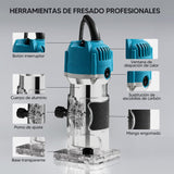 Routers de velocidad variable Herramienta compacta para trabajar la madera, recortadora eléctrica de mano 1/4 Laminado Herramienta para fresar madera + fresa de carburo 15 pcs (azul)