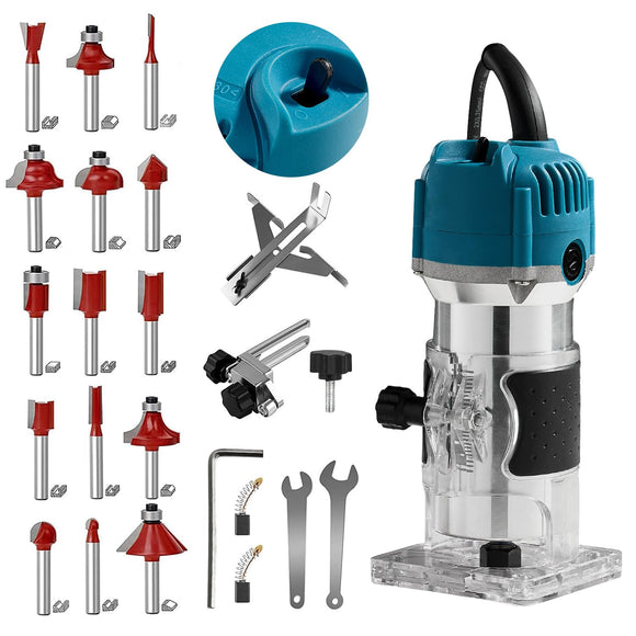 Routers de velocidad variable Herramienta compacta para trabajar la madera, recortadora eléctrica de mano 1/4 Laminado Herramienta para fresar madera + fresa de carburo 15 pcs (azul)