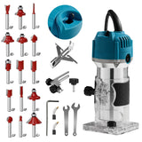 Routers de velocidad variable Herramienta compacta para trabajar la madera, recortadora eléctrica de mano 1/4 Laminado Herramienta para fresar madera + fresa de carburo 15 pcs (azul)
