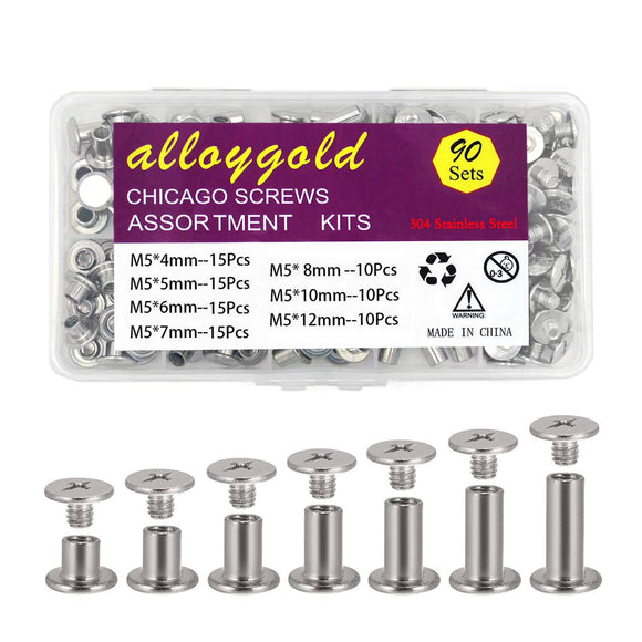 🔩 Alloygold - Juego de 90 tornillos de acero inoxidable 304 de acero inoxidable Chicago surtido de piel, 7 tamaños de remaches de tornillo para remache de piel para manualidades de piel y encuadernación