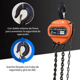 Polipasto Manual 2 Toneladas 6 m con Gancho 360° y Doble Freno, Cadena G80 Forjada, Elevador Portátil para Talleres, Almacenes y Construcción