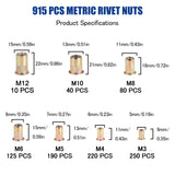 🔩 Juego de 915 tuercas de remache métricas roscadas surtidas, M3, M4, M5, M6, M8, M10, M12, tuercas de acero al carbono chapadas en zinc, kit de tuercas de remache