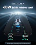 ▶ Cargador Auto, USB C 30W+USB A 30W QC3.0 Car Phone Charger Cargador de Coche Adaptador Compatible con iPhone 16 15 14 13 12 Pro Plus MAX Mini Samsung S21 Huawei iPad Airpods Portátiles Tabletas