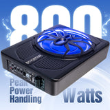 ▶ Subwoofer de coche de 800 W de actualización delgado para debajo del asiento de 10 pulgadas, subwoofer de audio para coche/camión, amplificador integrado, con luz LED azul (subwoofer + kit de cable de