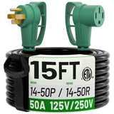 ▶ Cable de extensión de 15 pies para exteriores con mango de agarre, cable de alimentación flexible resistente al agua, 50A 125/250V 6250/12500W STW