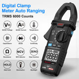 ▶  Digital Pinza Amperimétrica multímetro probador de voltaje voltímetro de rango automático NCV True RMS 6000 conteos mide voltaje AC/DC resistencia, corriente, diodo, capacitancia, frecuencia