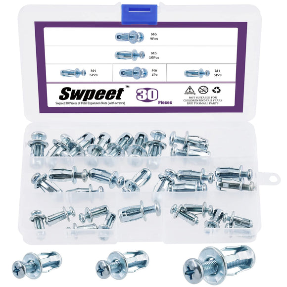 Swpeet - 30 tuercas de gato M4 M5 M6, tuercas de pétalo, tuercas de expansión, clavijas de fijación con tornillos para pared hueca, hierro, uso en paredes finas y suaves (kit surtido)