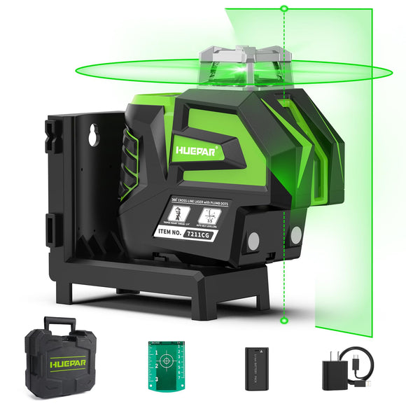 Línea cruzada de nivel láser verde autonivelante con 2 puntos de plomera, herramienta láser -360 línea horizontal más gran ángulo de ventilador de haz vertical, batería de iones de litio con