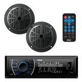 ▶ Kit de altavoces receptor de unidad principal marina – Estéreo digital LCD integrado Bluetooth y micrófono con sistema de radio AM FM 5.25 pulgadas, altavoces impermeables (2) lectores MP3/SD y control remoto – PLMRKT46BK