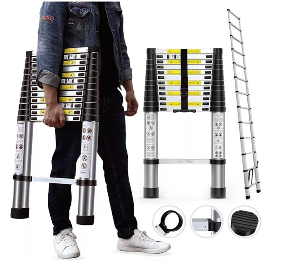 ▶ Escalera Telescópica de 3.8 Metros 13 Escalones Escalera Recta de Aluminio Soporta 150 kg Plegable De retracción Multiusos Extensible Compacta y Portátil Bloqueo De Escalón