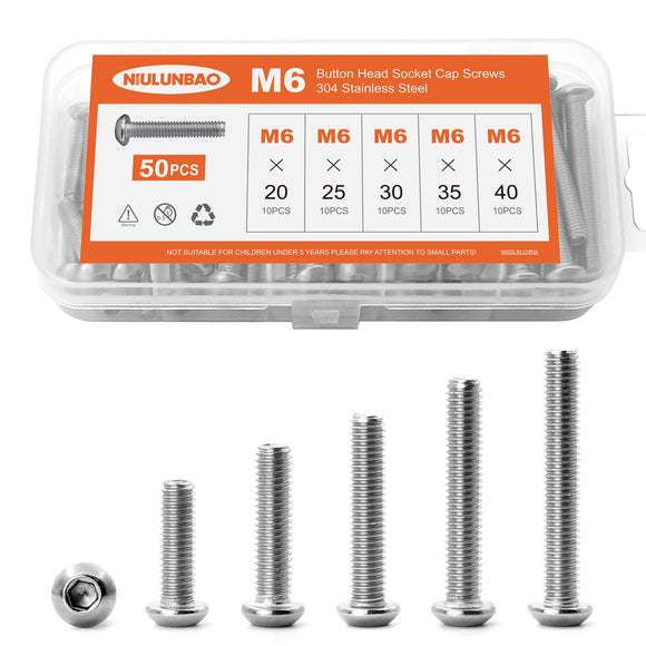 ▶ Tornillos de cabeza de botón M6 x 20 mm, 25 mm, 30 mm, 35 mm, 40 mm, tornillos de cabeza de botón 304, tornillos métricos Allen hexagonales, totalmente roscados a máquina, kit surtido de 50 unidades