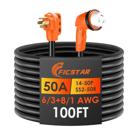 ▶ Cable de extensión para RV de 50 amperios de 100 pies, resistente 6/3+8/1 SJTW AWG RV Cable de alimentación con mango de agarre de bloqueo giratorio, NEMA 14-50P a SS2-50R con indicador LED