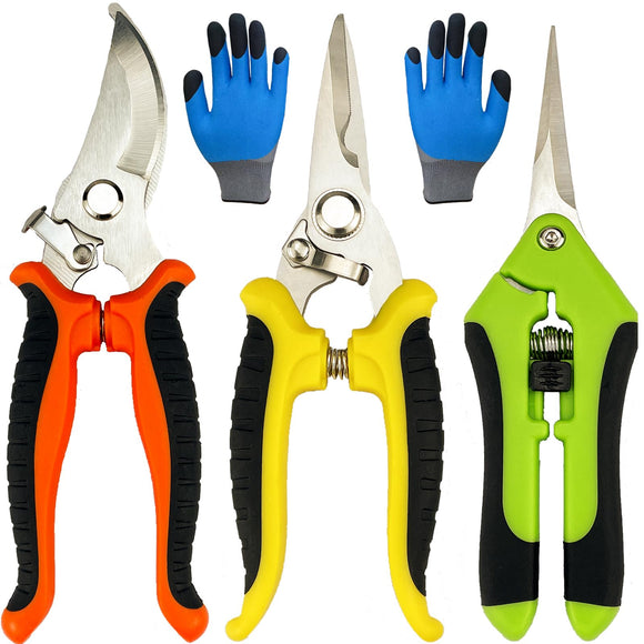 Tijeras de podar, 4 tijeras de jardín con guantes de jardinería, cortadoras de mano, tijeras de jardín de acero inoxidable, podadoras Lengnoyp para jardinería