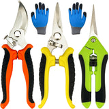 Tijeras de podar, 4 tijeras de jardín con guantes de jardinería, cortadoras de mano, tijeras de jardín de acero inoxidable, podadoras Lengnoyp para jardinería