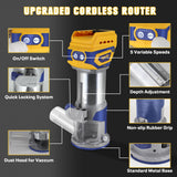 Routers de velocidad variable Enrutador compacto inalámbrico, Mellif sin escobillas para batería DeWalt de 20 V MAX (sin batería) 28.000 RPM 600 W con base fija, 12 brocas de enrutador de 1/4 pulgadas, 5 velocidades, guía de