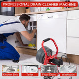 ▶ Máquina limpiadora de drenaje, taladro eléctrico profesional automático de 50 pies x 5/16 pulgadas para tubos de 3/4 a 3 pulgadas, serpiente de drenaje eléctrico portátil con 6 cortadores e