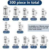 🔩 Vifmy - Kit de surtido de tuercas de remache métricas y SAE (300 unidades), M3 M4 M5 M6 M8 M10 M12#8-32#10-24 1/4"-20 5/16"-18 3/8"-16 304 de acero inoxidable UNUNUNC A UNUNC Head Nutsert