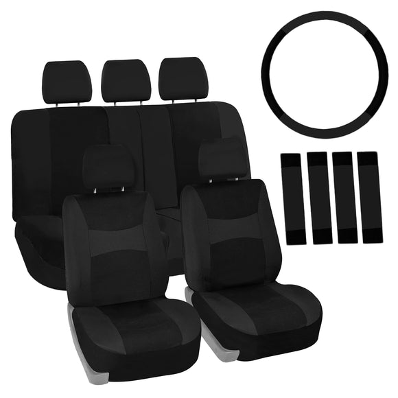 ▶ Juego de fundas de asiento con funda para volante y almohadilla para cinturón de seguridad (compatible con airbag y asiento dividido en negro)