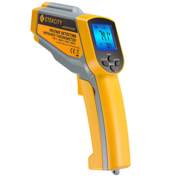 Termómetro infrarrojo 1025D (no para humanos) pistola de temperatura láser dual -30 °F ~ 130 °F (-50 ℃~ 550 °C) con emisividad ajustable, probador de voltaje sin contacto (NCV), tamaño estándar, amarillo y gris