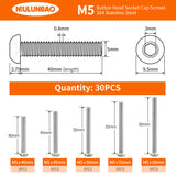 NIULUNBAO - Tornillos de cabeza de botón M5 x 40 mm, 45 mm, 50 mm, 55 mm, 60 mm, tornillos de acero inoxidable 304 métricos para máquina hexagonal, totalmente roscados, kit surtido de 30 unidades