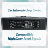 ▶ Subwoofer de coche de 800 W de actualización delgado para debajo del asiento de 10 pulgadas, subwoofer de audio para coche/camión, amplificador integrado, con luz LED azul (subwoofer + kit de cable de