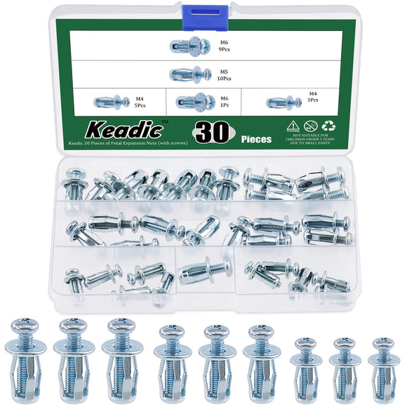 🔩 Keadic - 60 tuercas M4 M5 M6 Molly Jack con tornillos, kit surtido de tuercas de pétalos de acero, brida grande, tuerca de expansión corta, tuerca de expansión de cabeza plana, tuerca de inserción